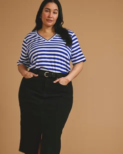 Maia Stovepipe Sleeve V Neck Tee Hammersmith Blue/White Stripe