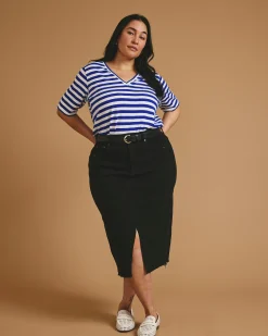 Maia Stovepipe Sleeve V Neck Tee Hammersmith Blue/White Stripe