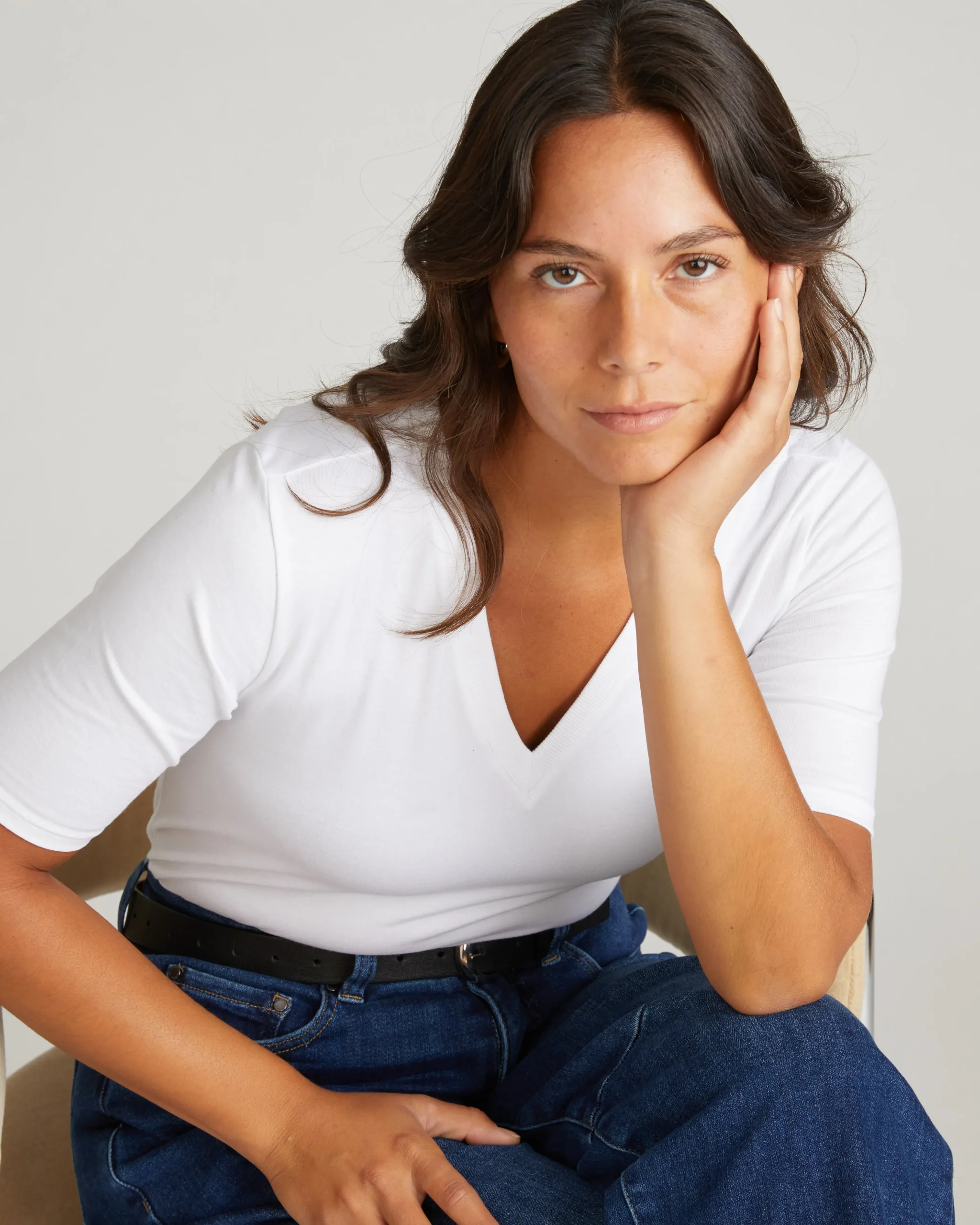 Maia Stovepipe Sleeve V Neck Tee White