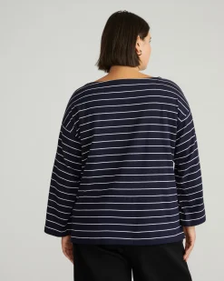 Montauk Breton Stripe Bell Sleeve Top Navy Pinstripe