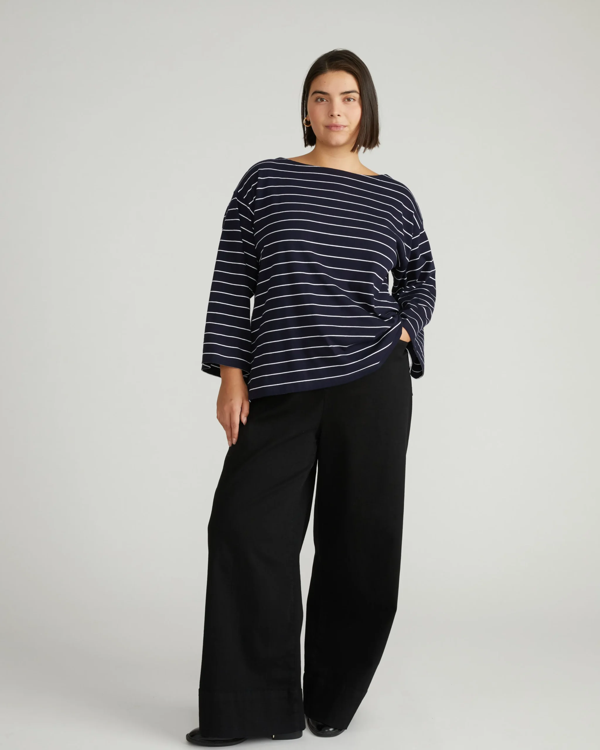 Montauk Breton Stripe Bell Sleeve Top Navy Pinstripe