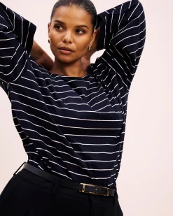 Montauk Breton Stripe Bell Sleeve Top Navy Pinstripe