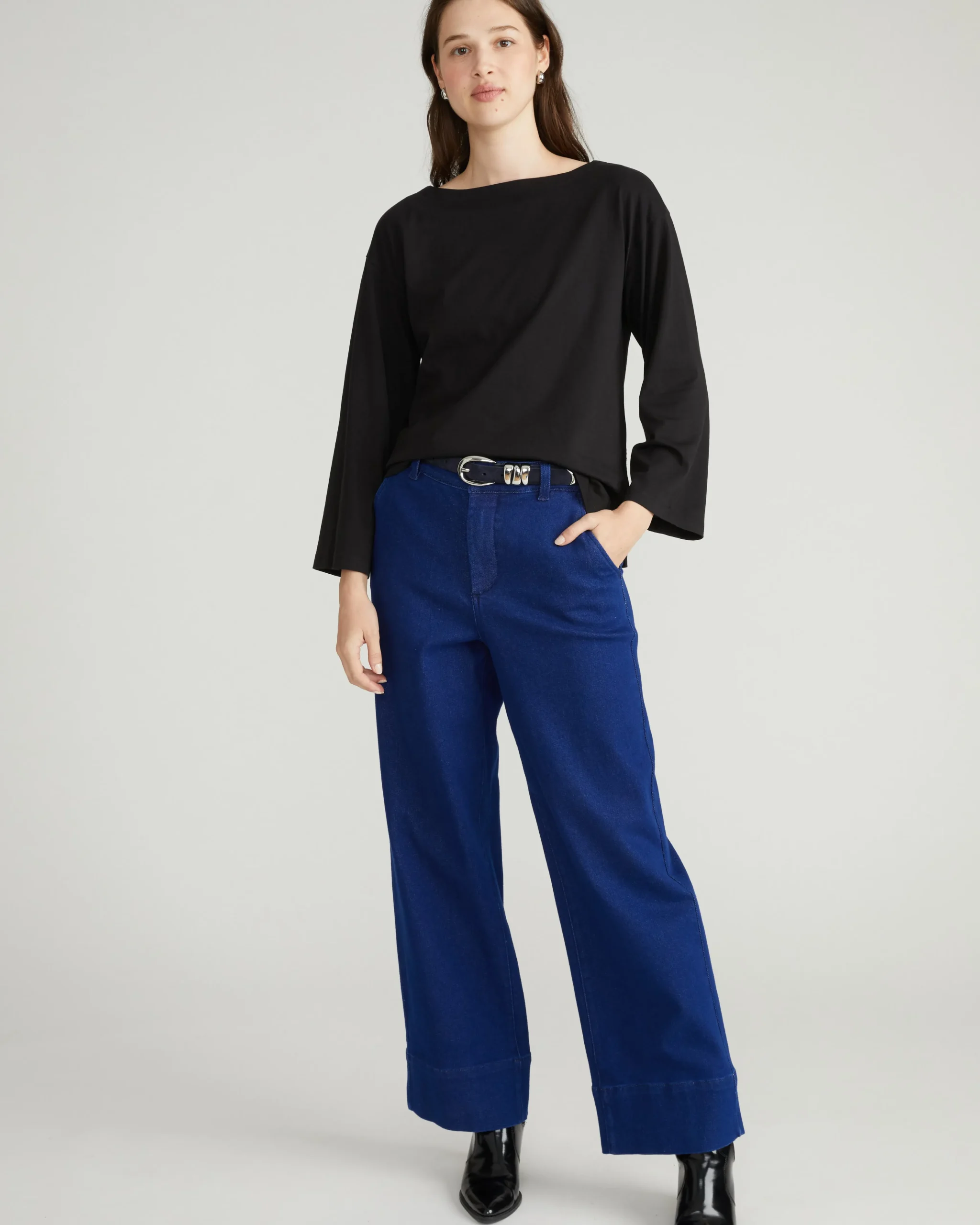 Montauk Breton Stripe Bell Sleeve Top Solid Black