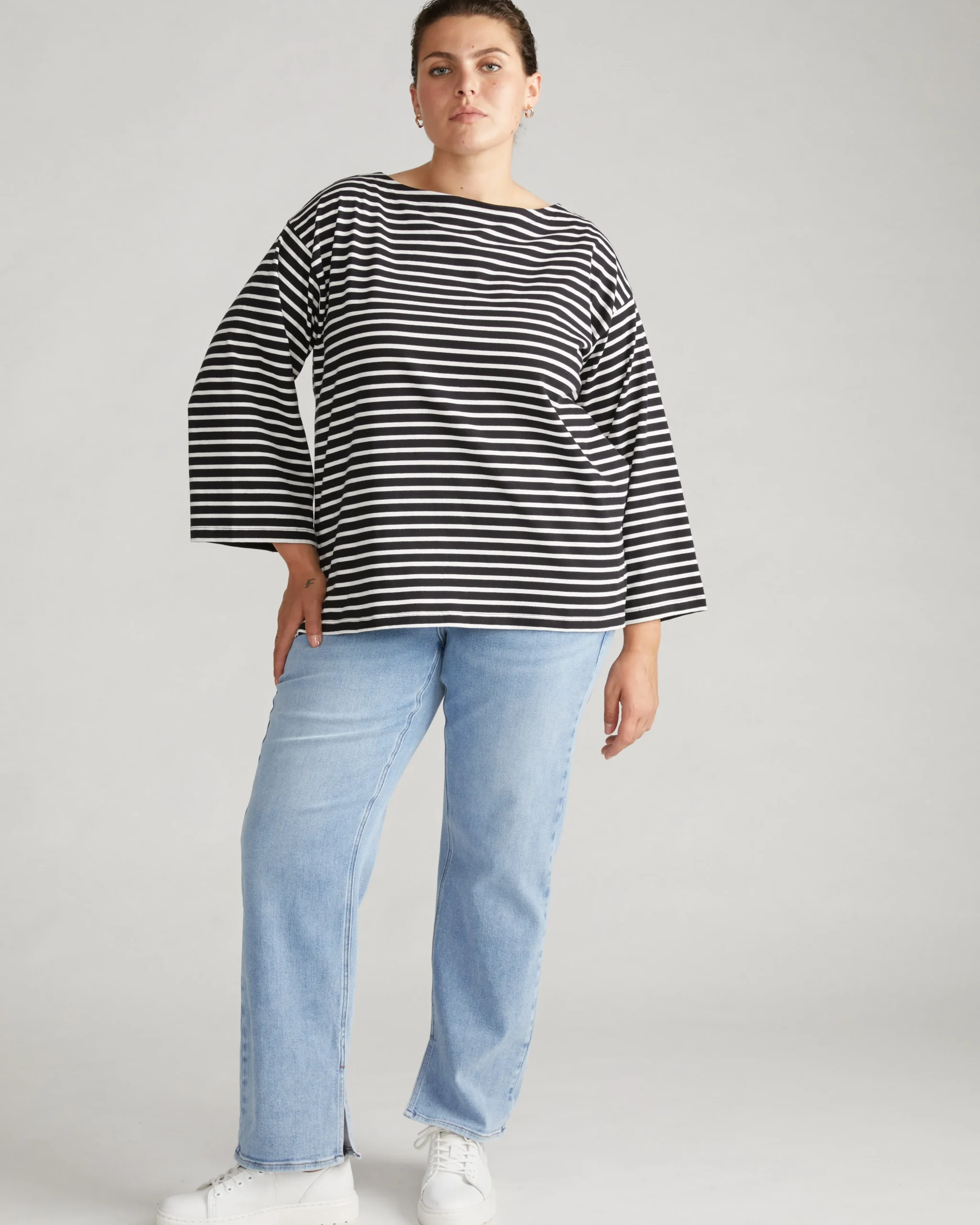 Montauk Breton Stripe Bell Sleeve Top Black/White Stripe