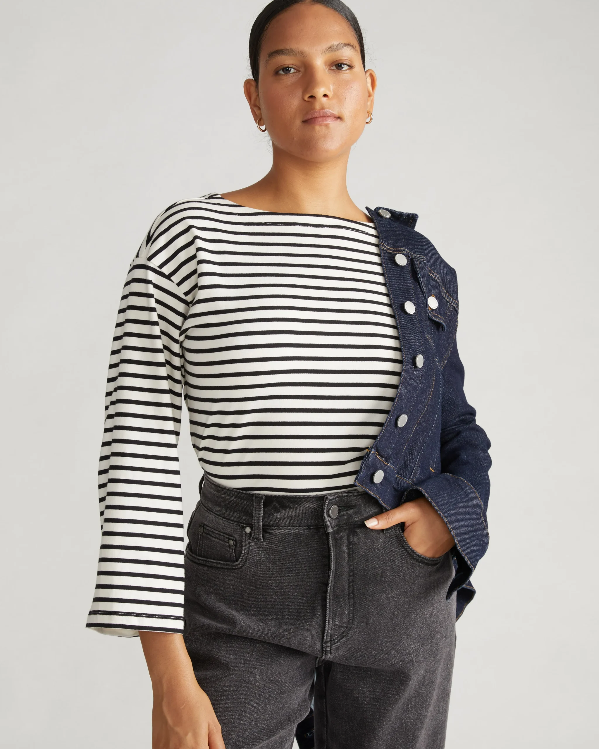 Montauk Breton Stripe Bell Sleeve Top Ecru/Black Stripe