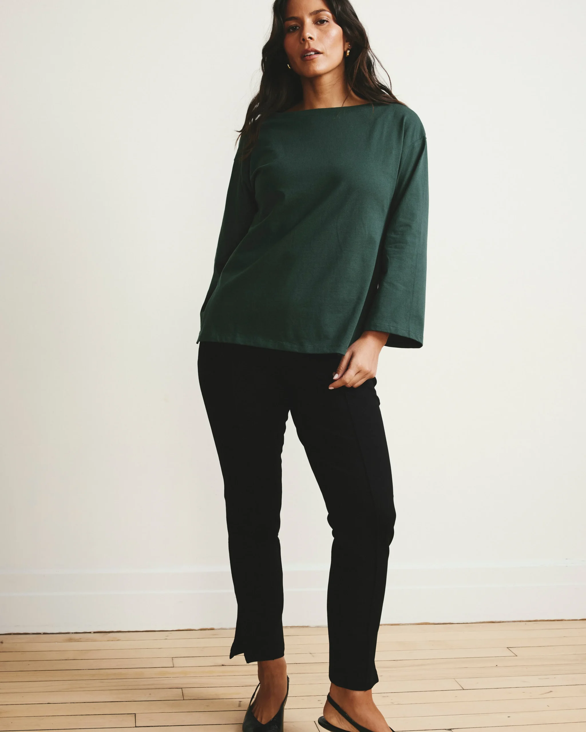 Montauk Breton Stripe Bell Sleeve Top Solid Conifer