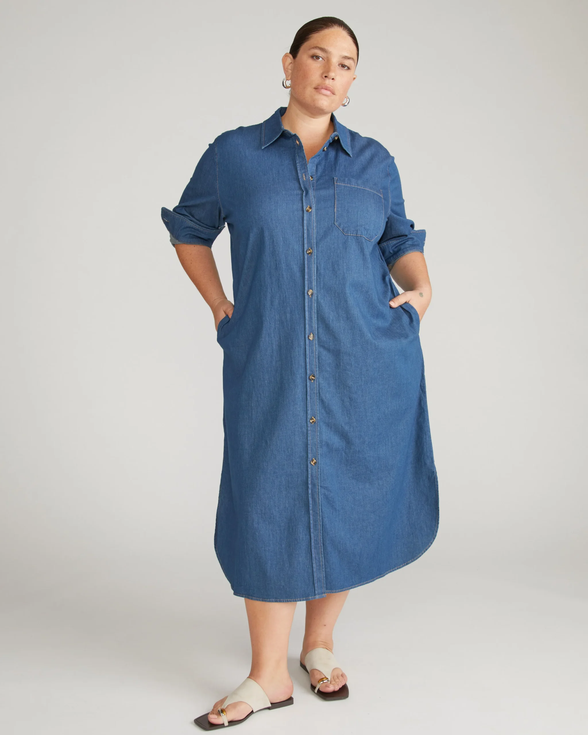 Odeon Stretch Cotton Chambray Shirtdress Orion Blue