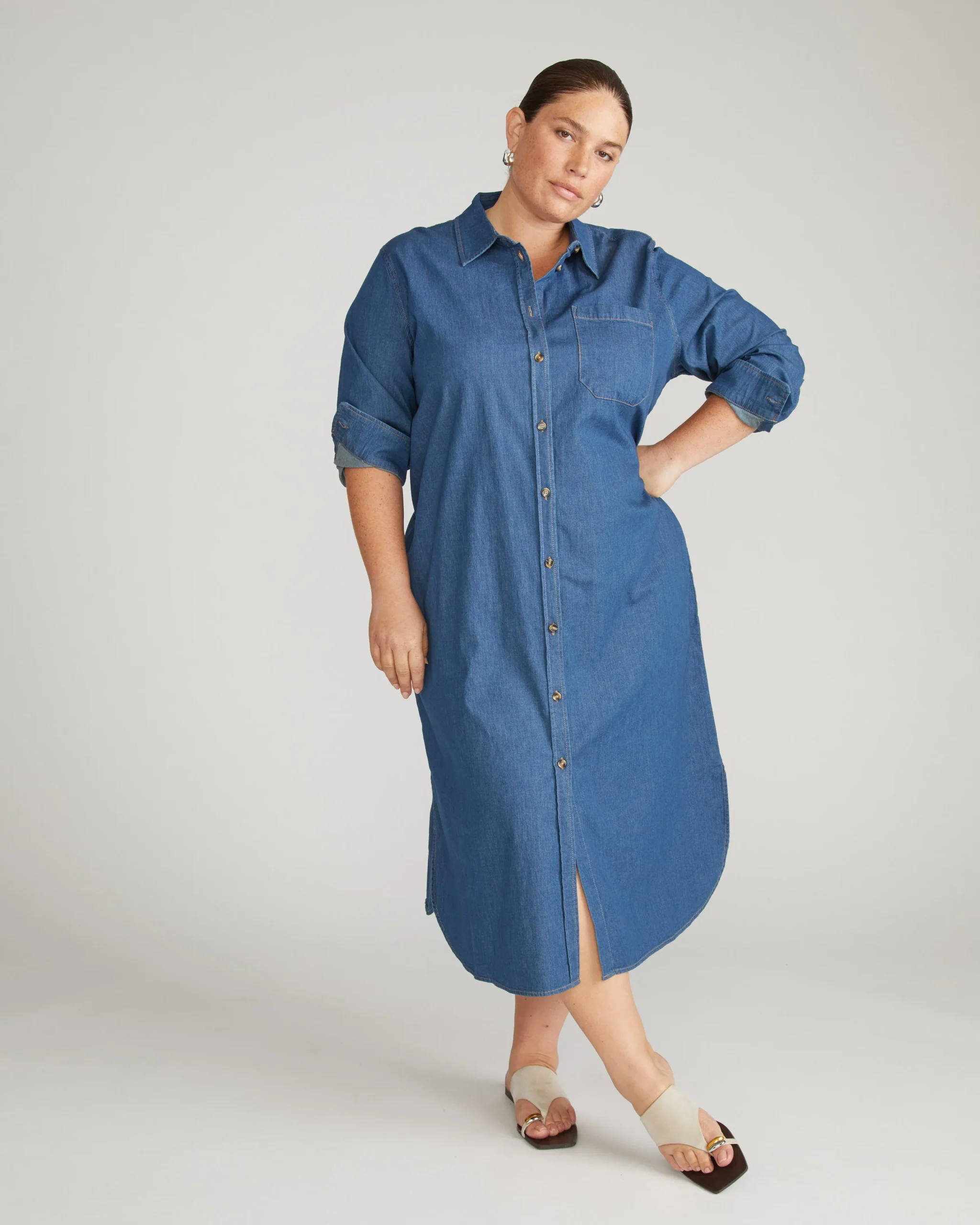 Odeon Stretch Cotton Chambray Shirtdress Orion Blue