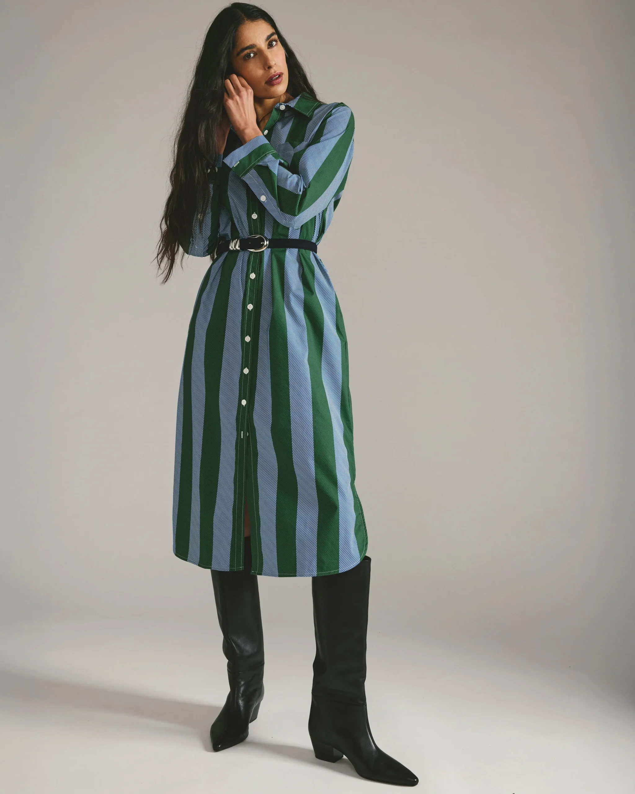 Odeon Stretch Poplin Shirtdress Green/Blue Directional Stripe
