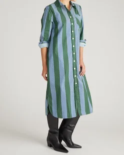 Odeon Stretch Poplin Shirtdress Green/Blue Directional Stripe