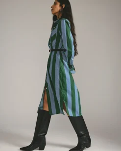 Odeon Stretch Poplin Shirtdress Green/Blue Directional Stripe