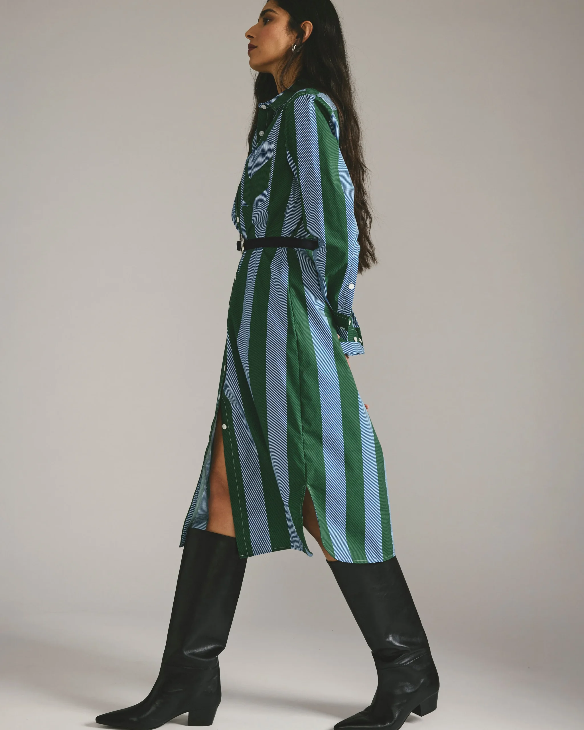 Odeon Stretch Poplin Shirtdress Green/Blue Directional Stripe