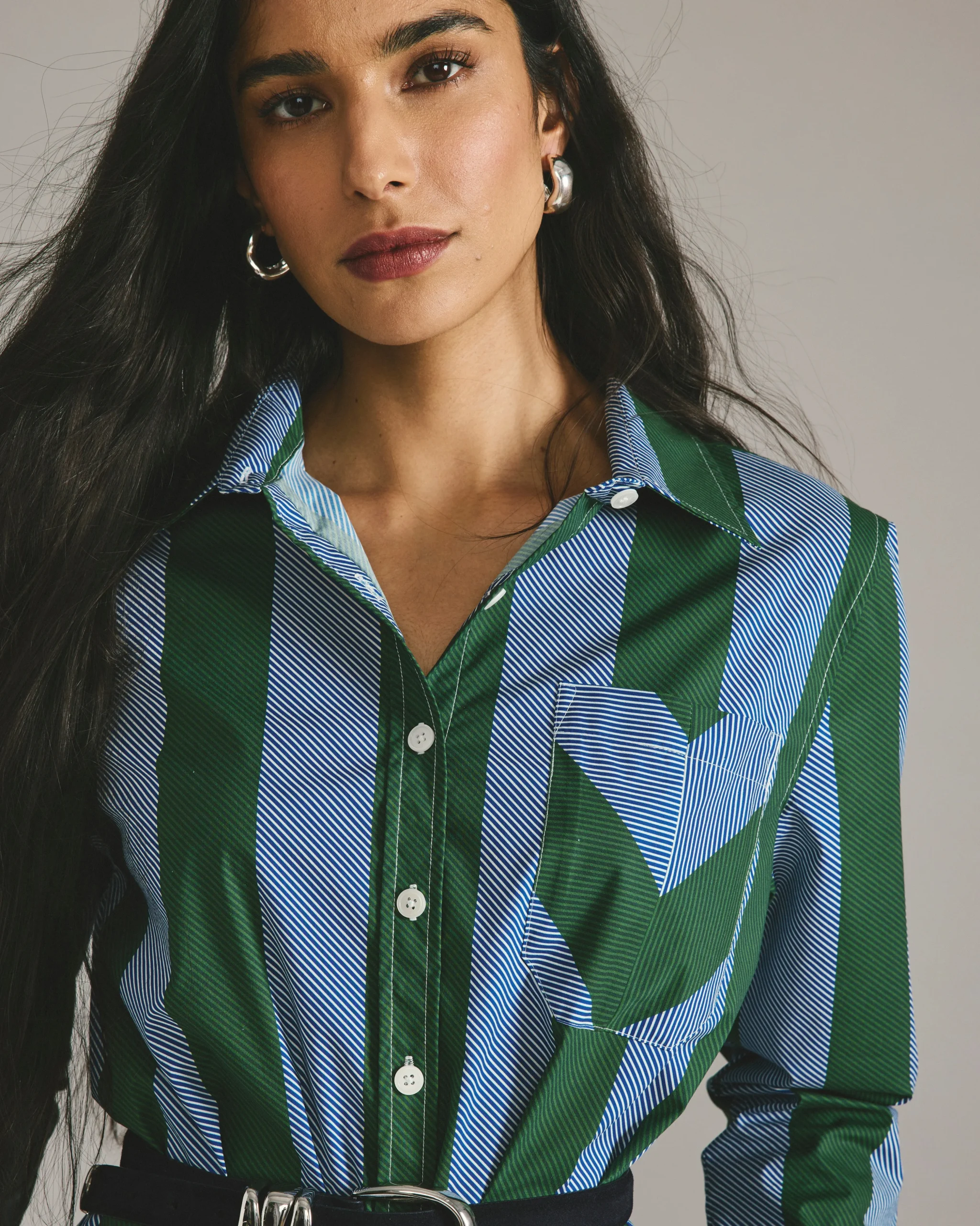 Odeon Stretch Poplin Shirtdress Green/Blue Directional Stripe
