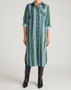 Odeon Stretch Poplin Shirtdress Green/Blue Directional Stripe