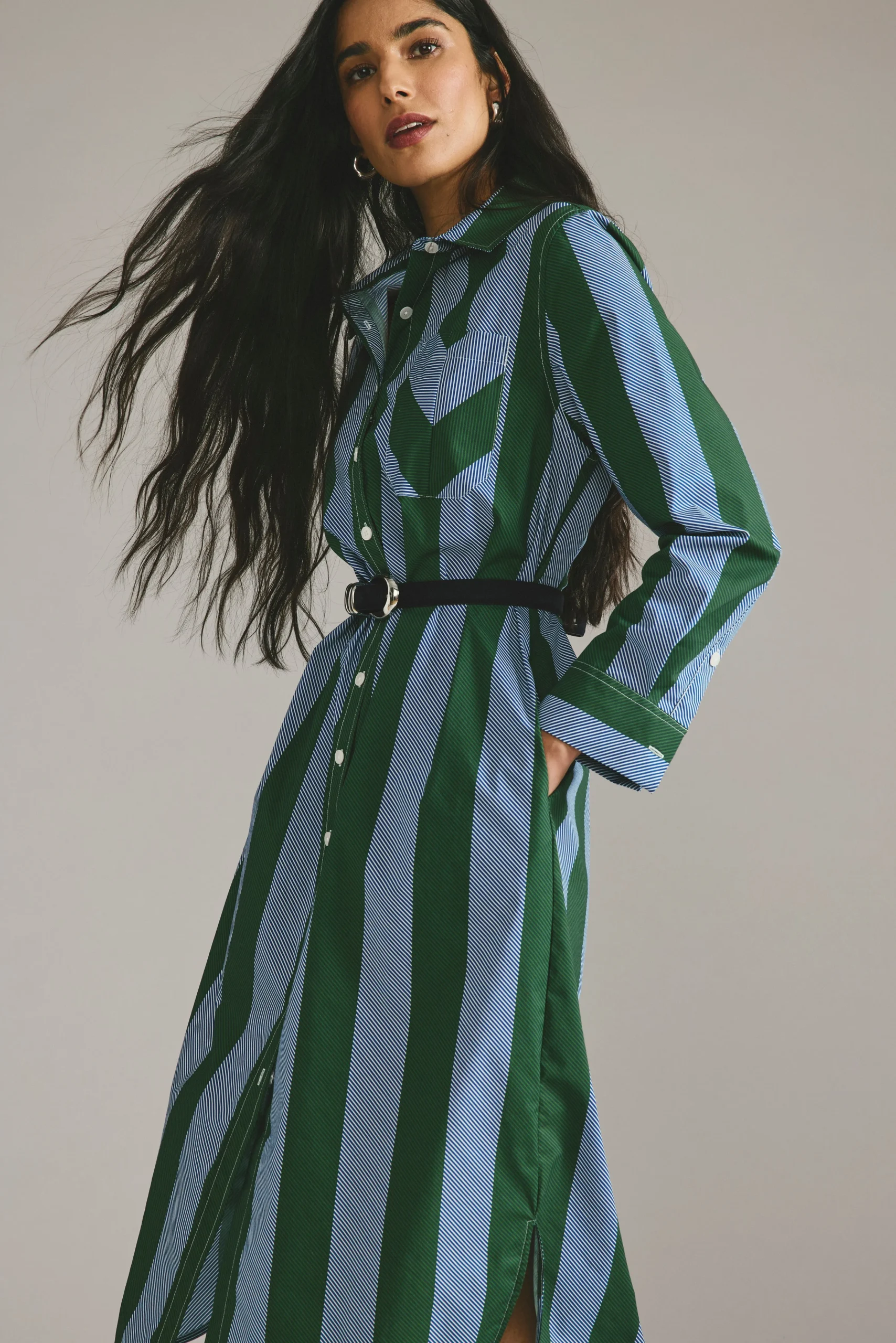 Odeon Stretch Poplin Shirtdress Green/Blue Directional Stripe