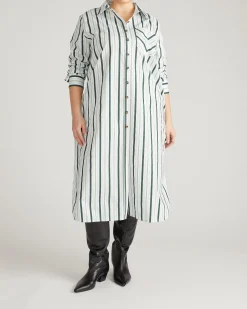 Odeon Stretch Poplin Shirtdress Forest Green Multi Stripe
