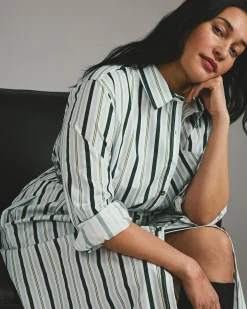 Odeon Stretch Poplin Shirtdress Forest Green Multi Stripe