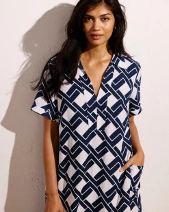 Padma Polo Neck Linen Blend Dress Geometrica Print