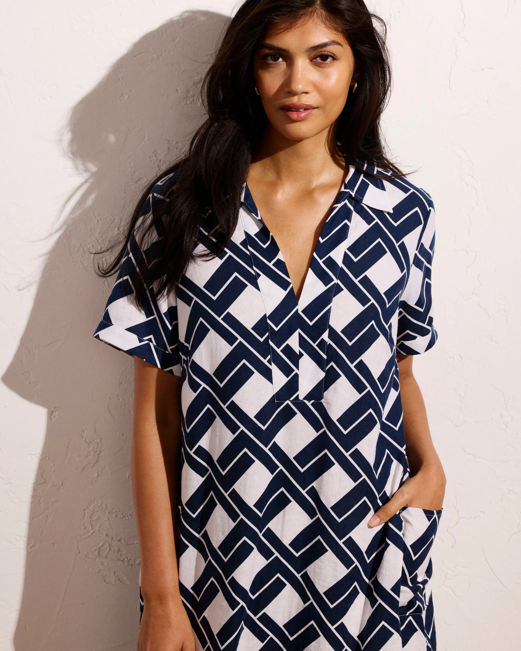 Padma Polo Neck Linen Blend Dress Geometrica Print