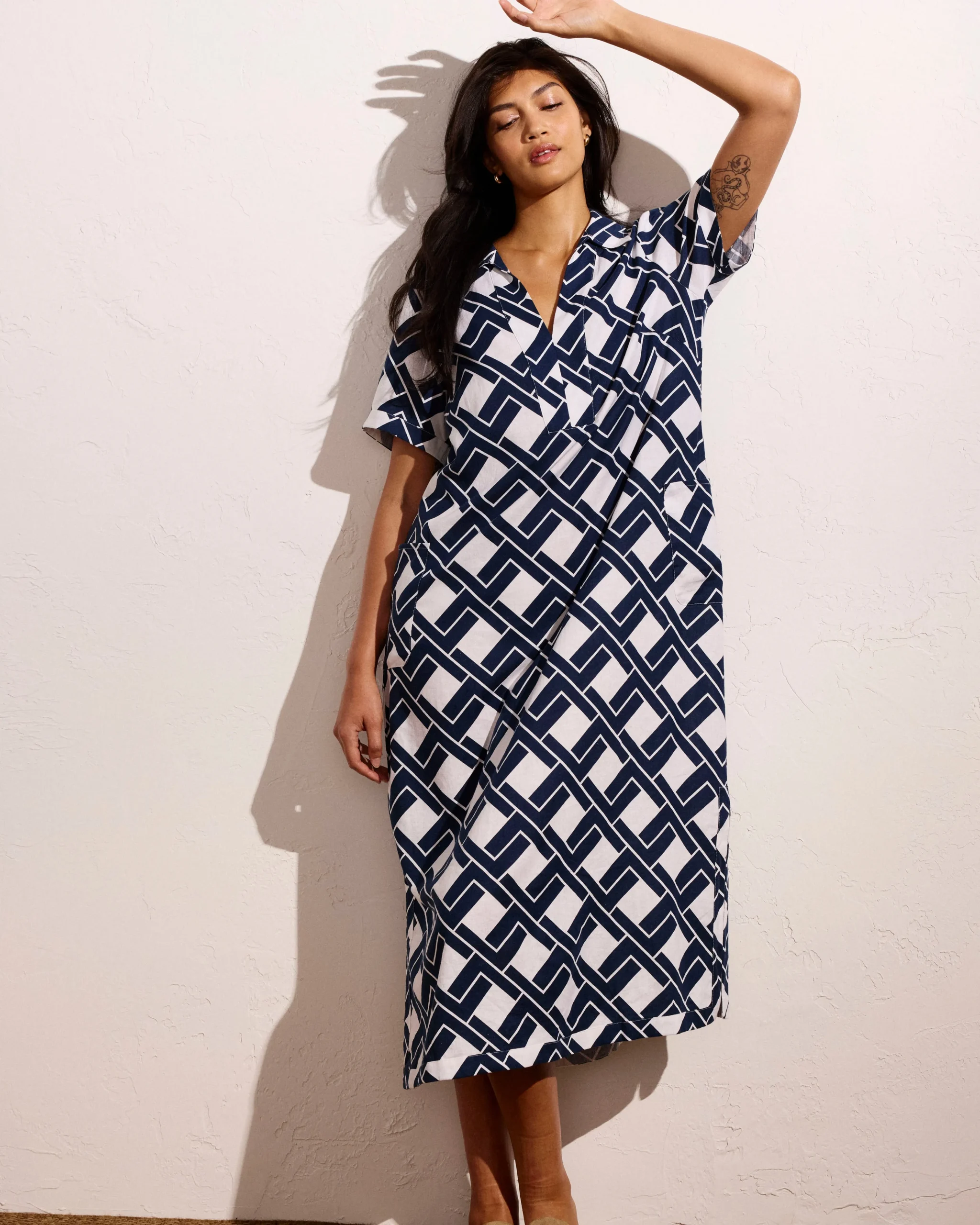 Padma Polo Neck Linen Blend Dress Geometrica Print