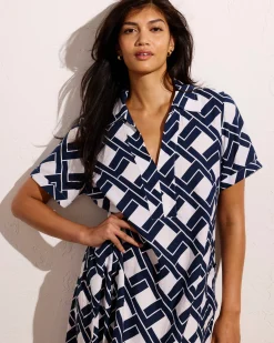 Padma Polo Neck Linen Blend Dress Geometrica Print