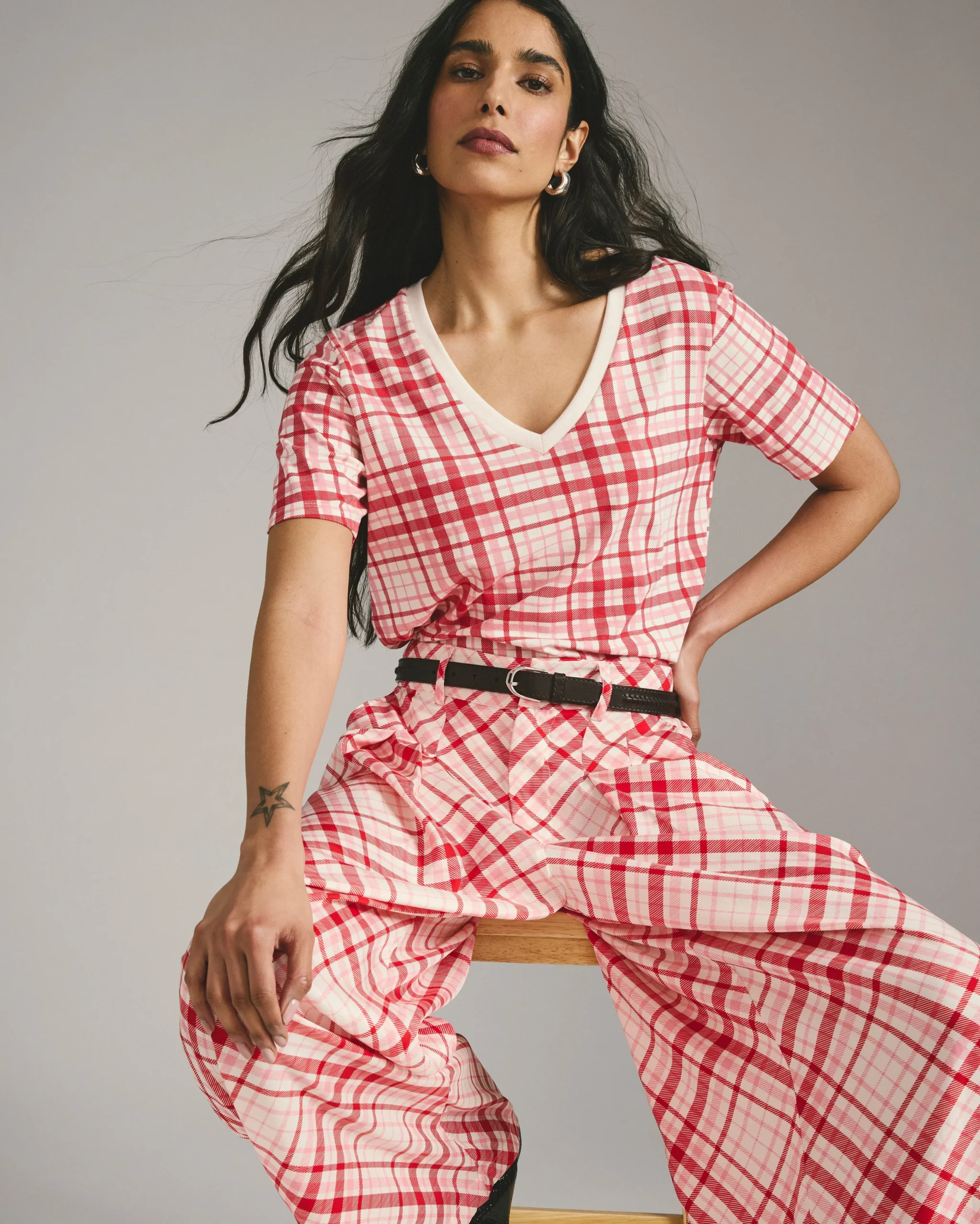 Palais Cooling Cupro Wide Leg Pant Red Plaid Print