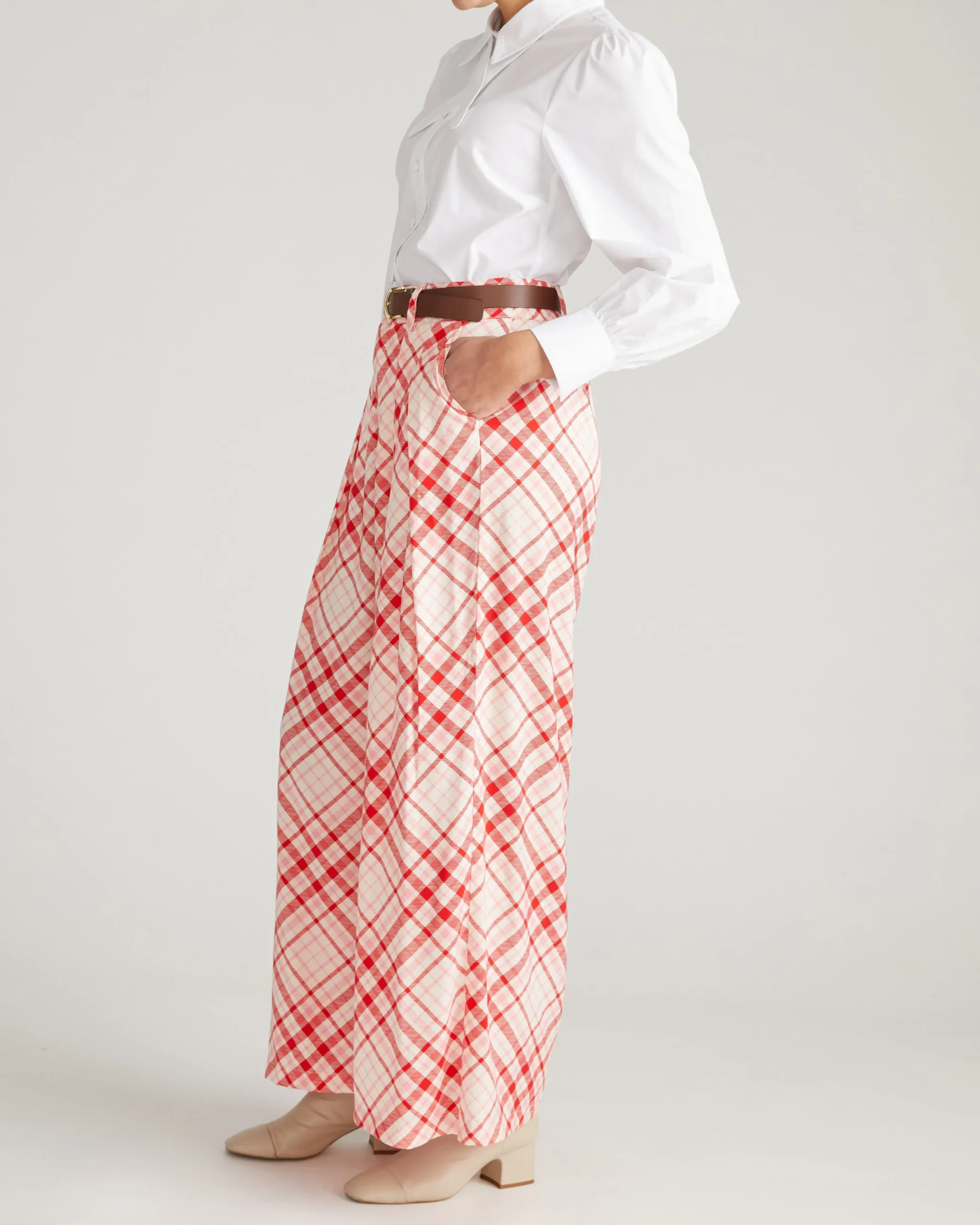 Palais Cooling Cupro Wide Leg Pant Red Plaid Print