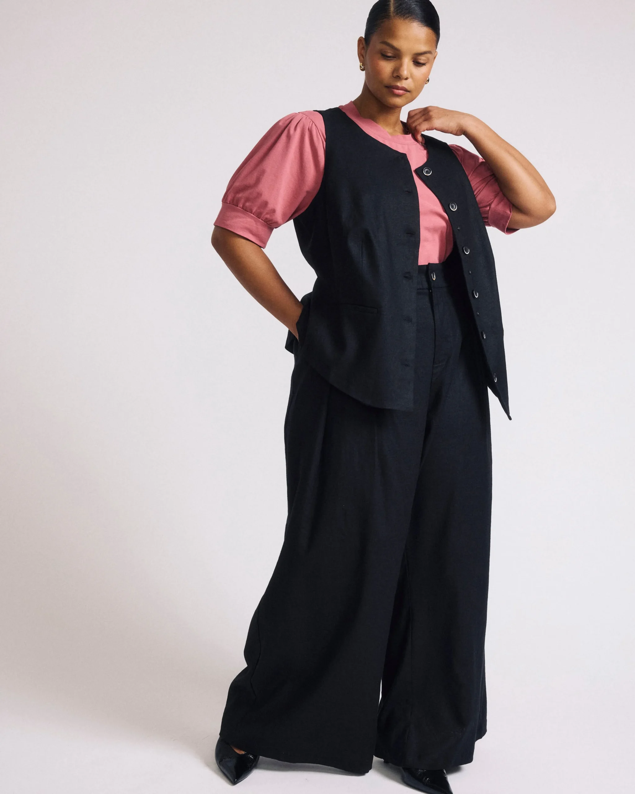 Palais Stretch Linen Blend Wide Leg Pant Black