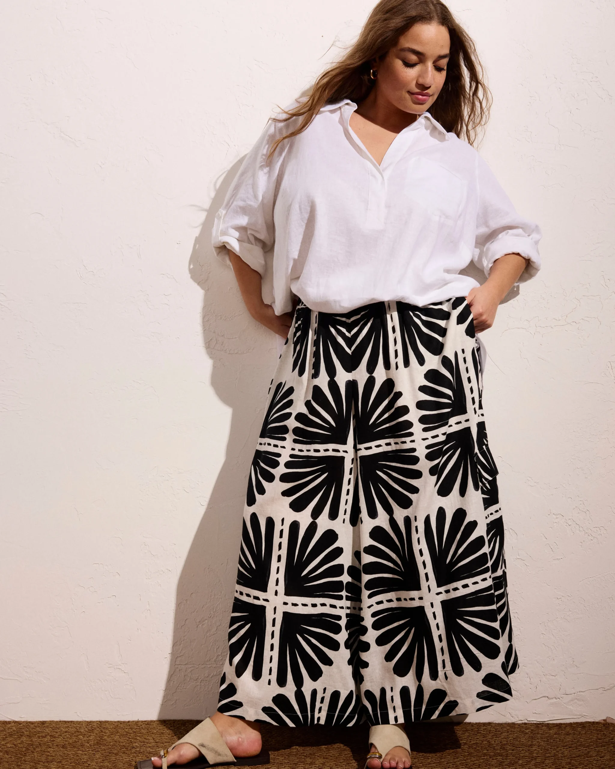 Palazzo Cargo Linen Blend Pant Ink Bloom Print