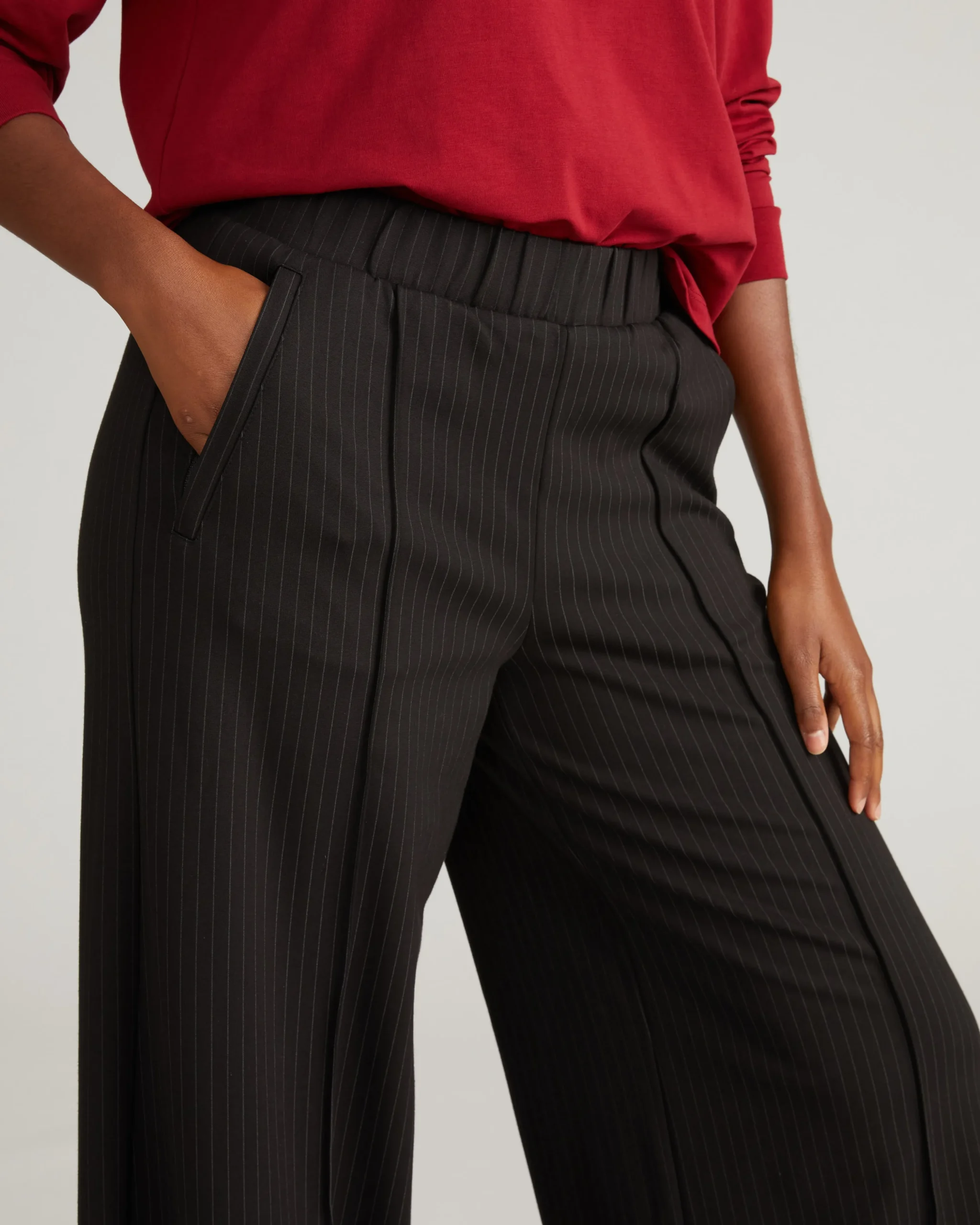 Pam Pintuck Wide Leg Ponte Pants Slate Pinstripe