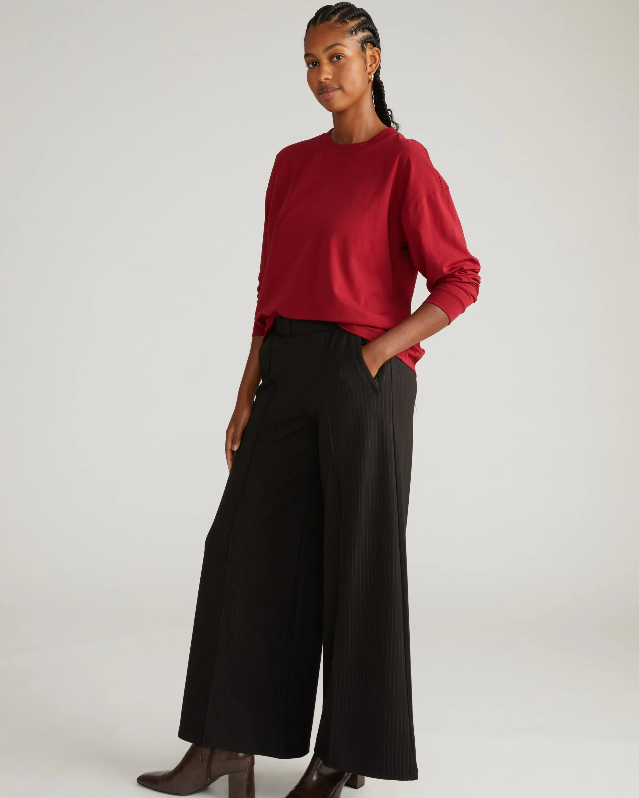 Pam Pintuck Wide Leg Ponte Pants Slate Pinstripe