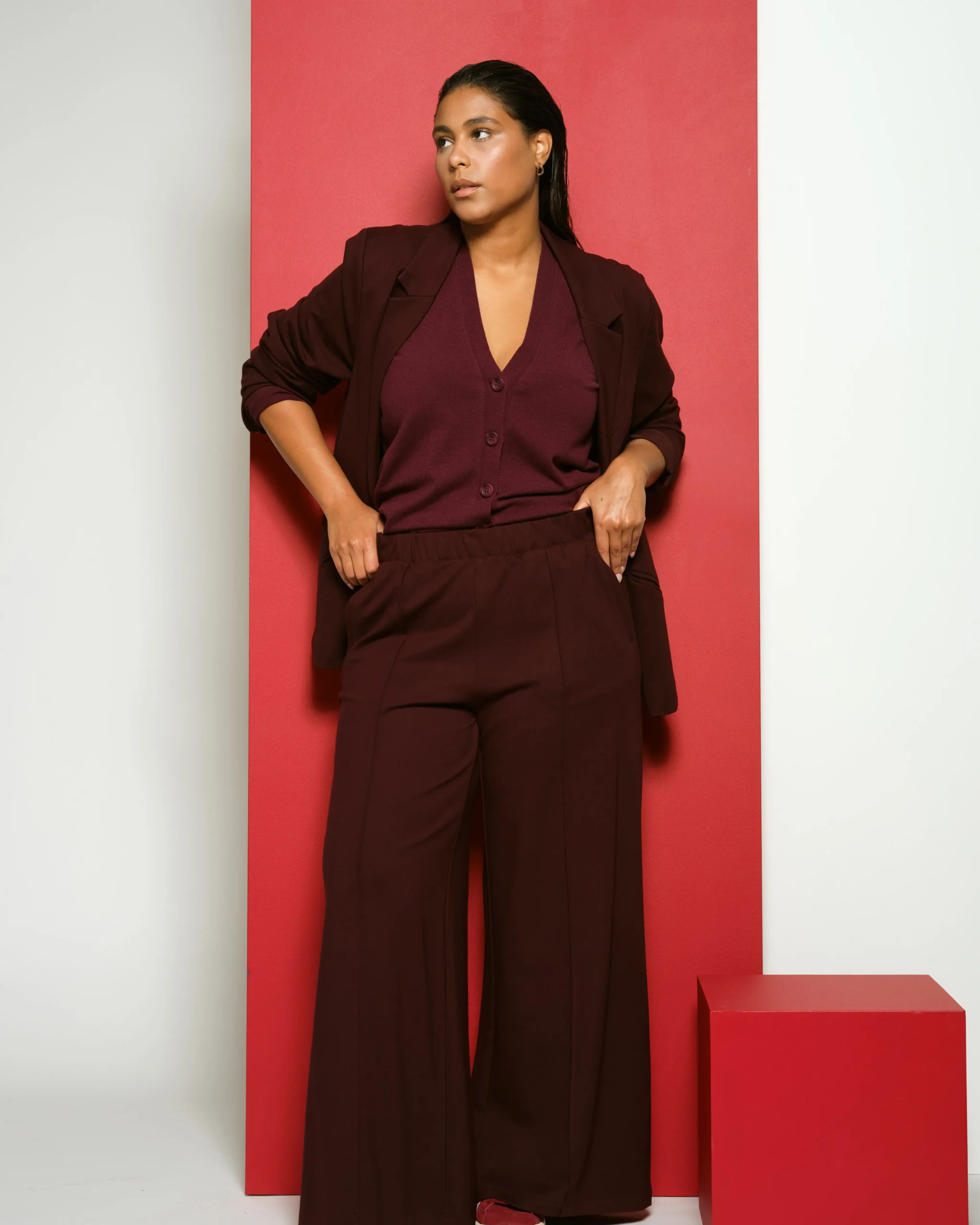 Pam Pintuck Wide Leg Ponte Pants Black Cherry
