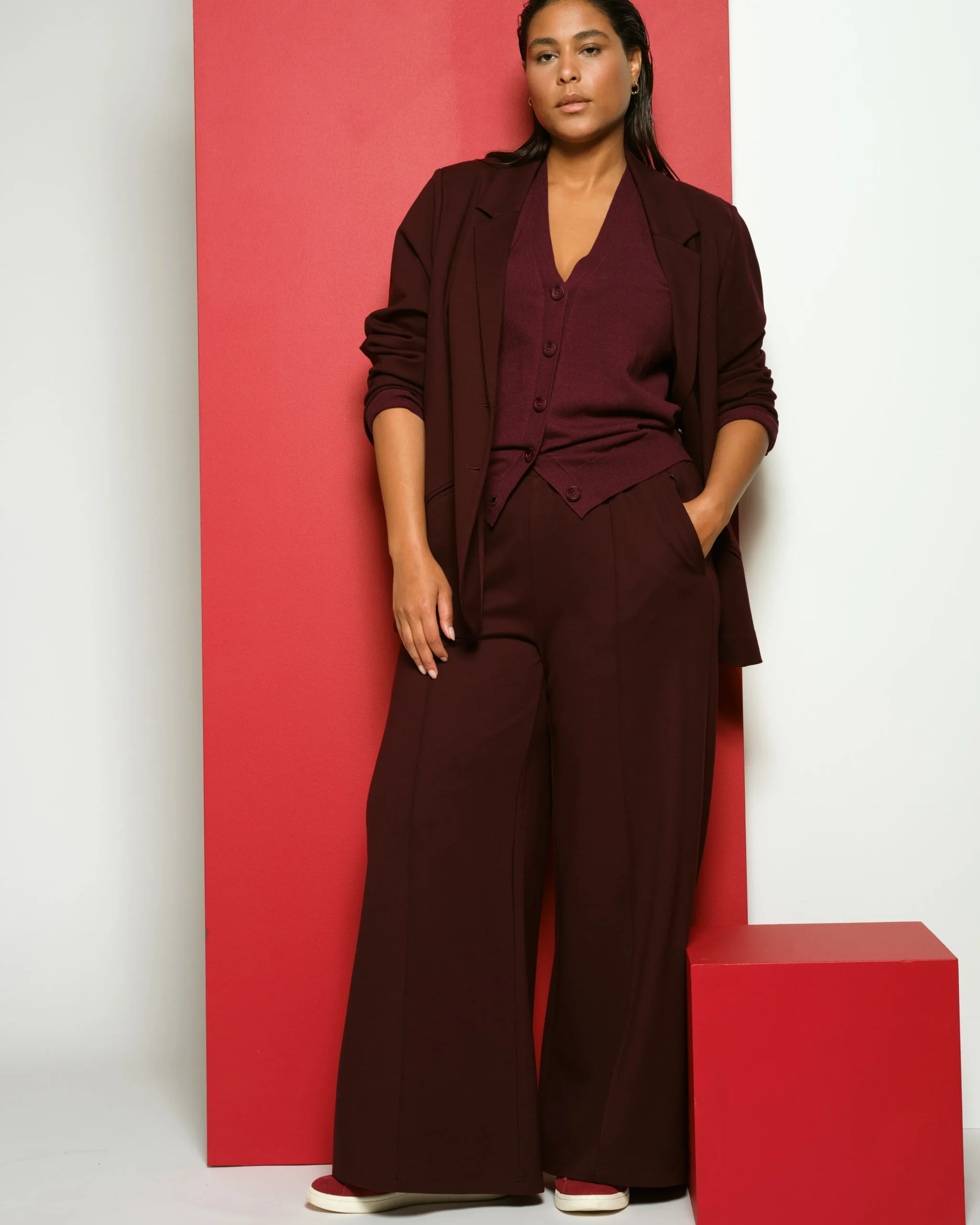 Pam Pintuck Wide Leg Ponte Pants Black Cherry