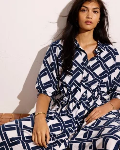 Paros Drawstring Linen Blend Shirtdress Geometrica Print