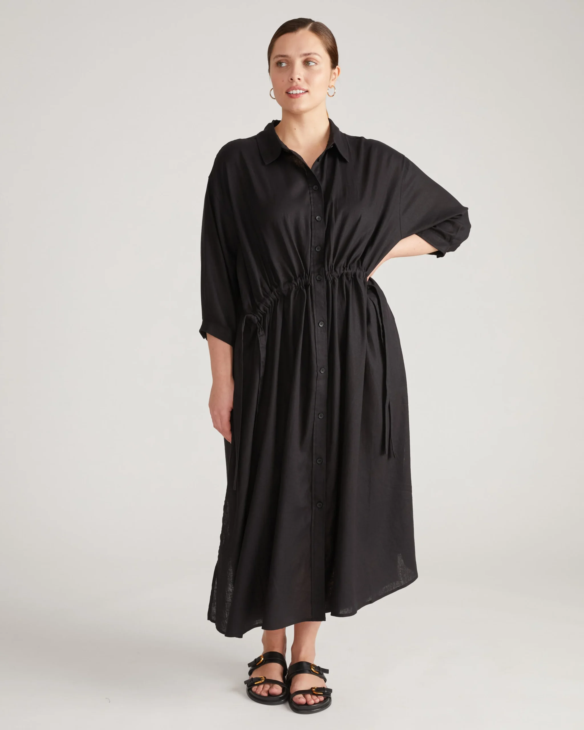 Paros Drawstring Linen Blend Shirtdress Black