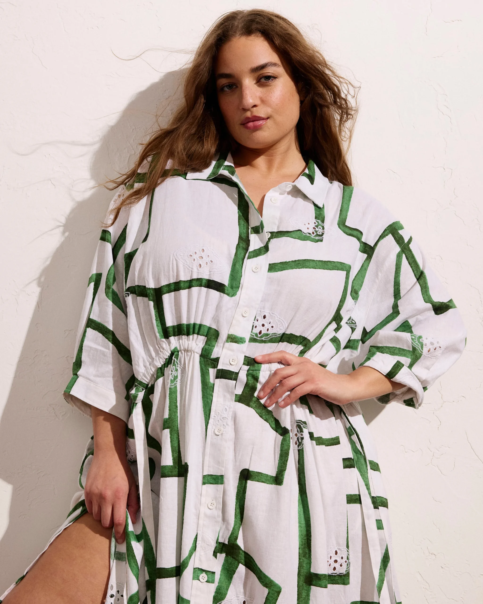 Paros Drawstring Linen Blend Shirtdress Green Paint Print