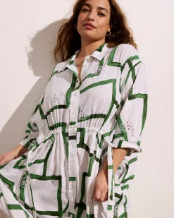 Paros Drawstring Linen Blend Shirtdress Green Paint Print