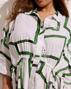 Paros Drawstring Linen Blend Shirtdress Green Paint Print