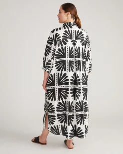 Paros Drawstring Linen Blend Shirtdress Ink Bloom Print