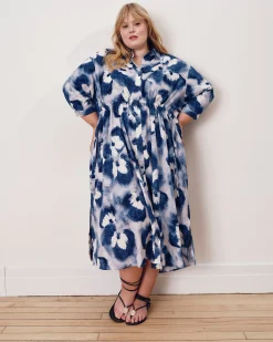 Paros Drawstring Linen Blend Shirtdress Blue Pressed Flower Print