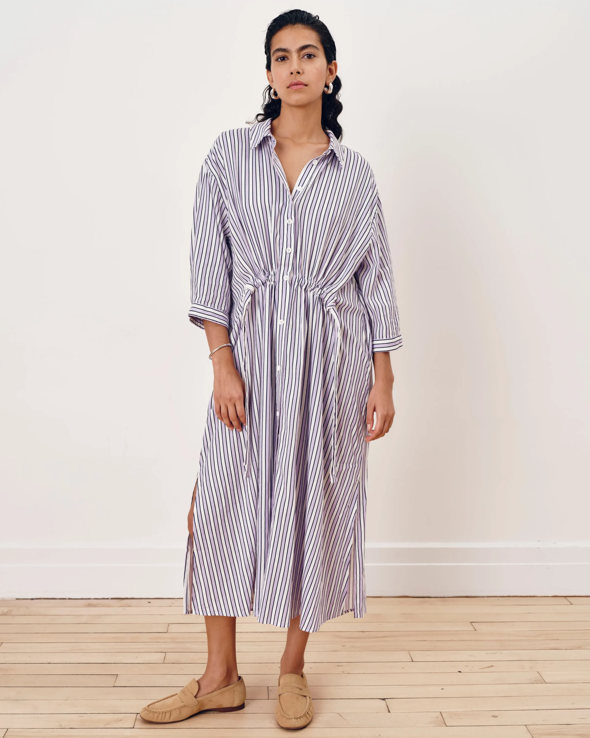 Paros Drawstring Linen Blend Shirtdress Lilac Stripe Print