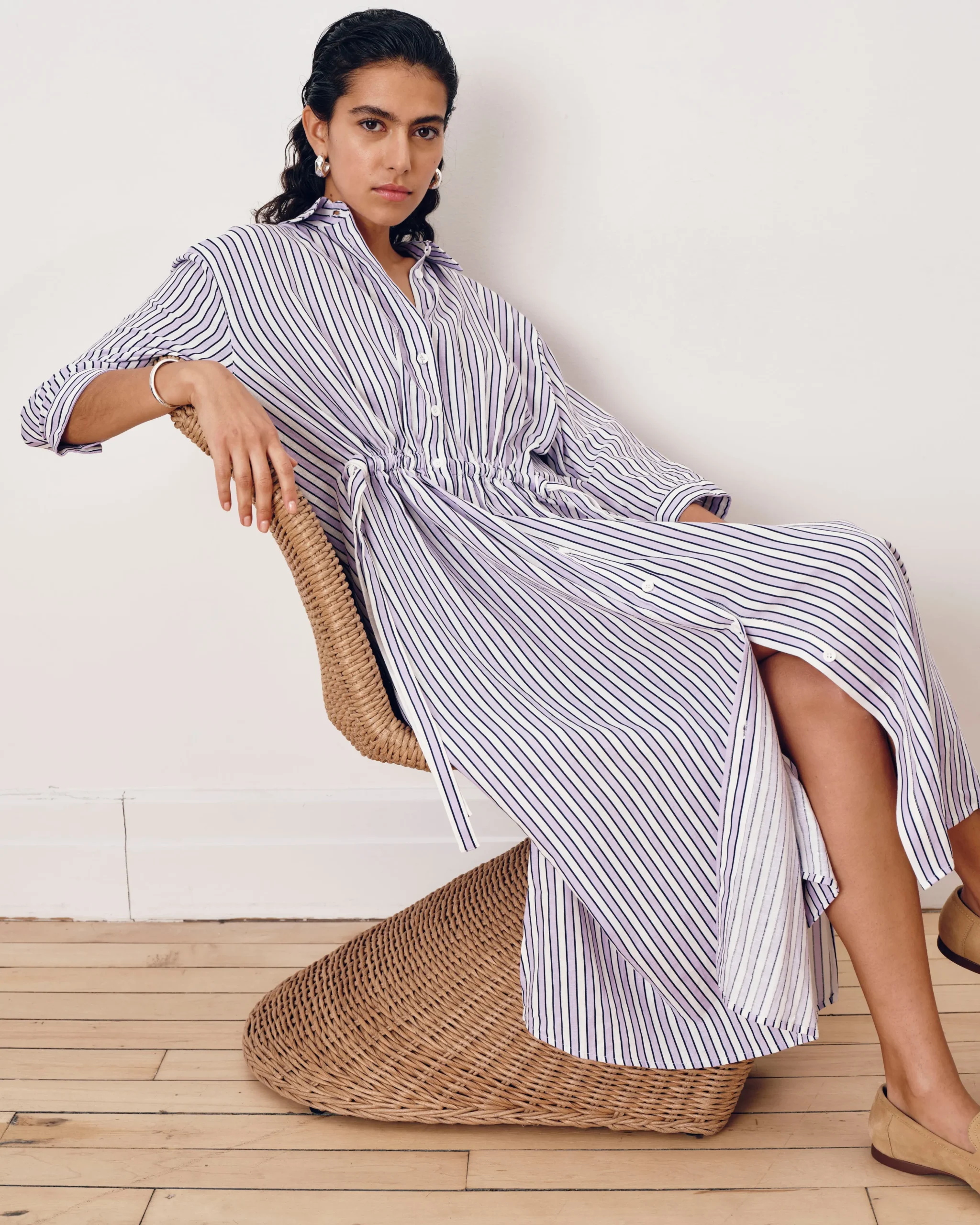 Paros Drawstring Linen Blend Shirtdress Lilac Stripe Print