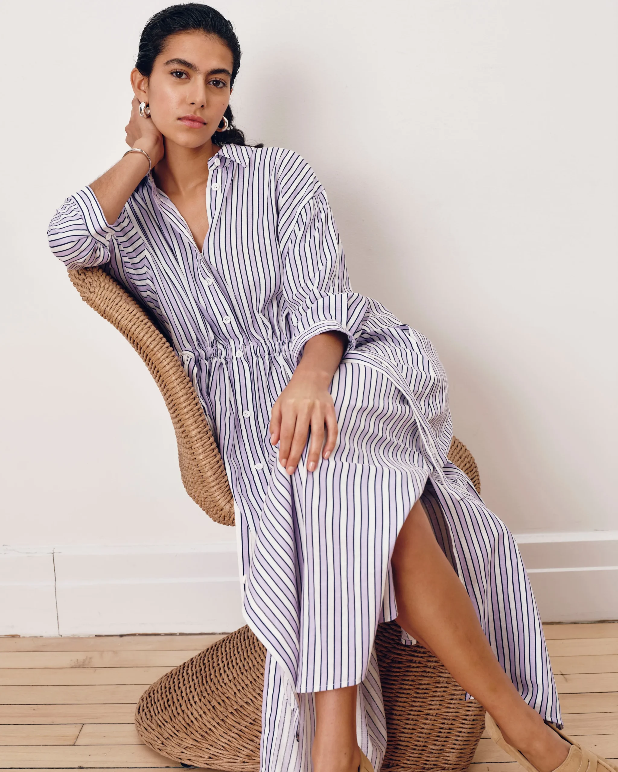 Paros Drawstring Linen Blend Shirtdress Lilac Stripe Print