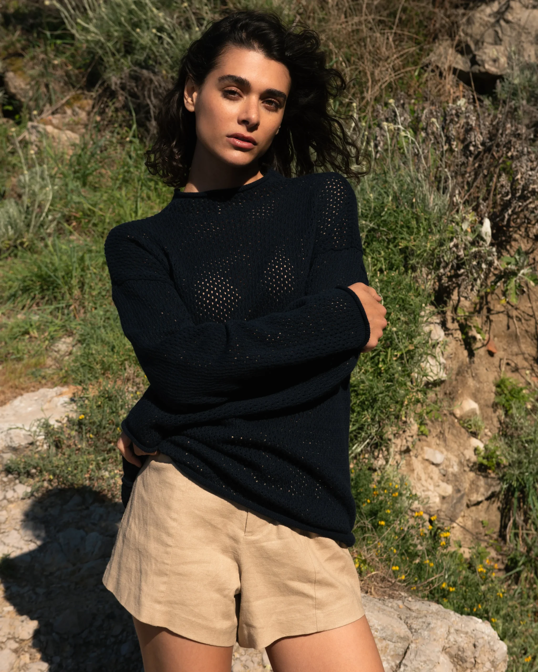 Positano Pointelle Mock Neck Sweater Black