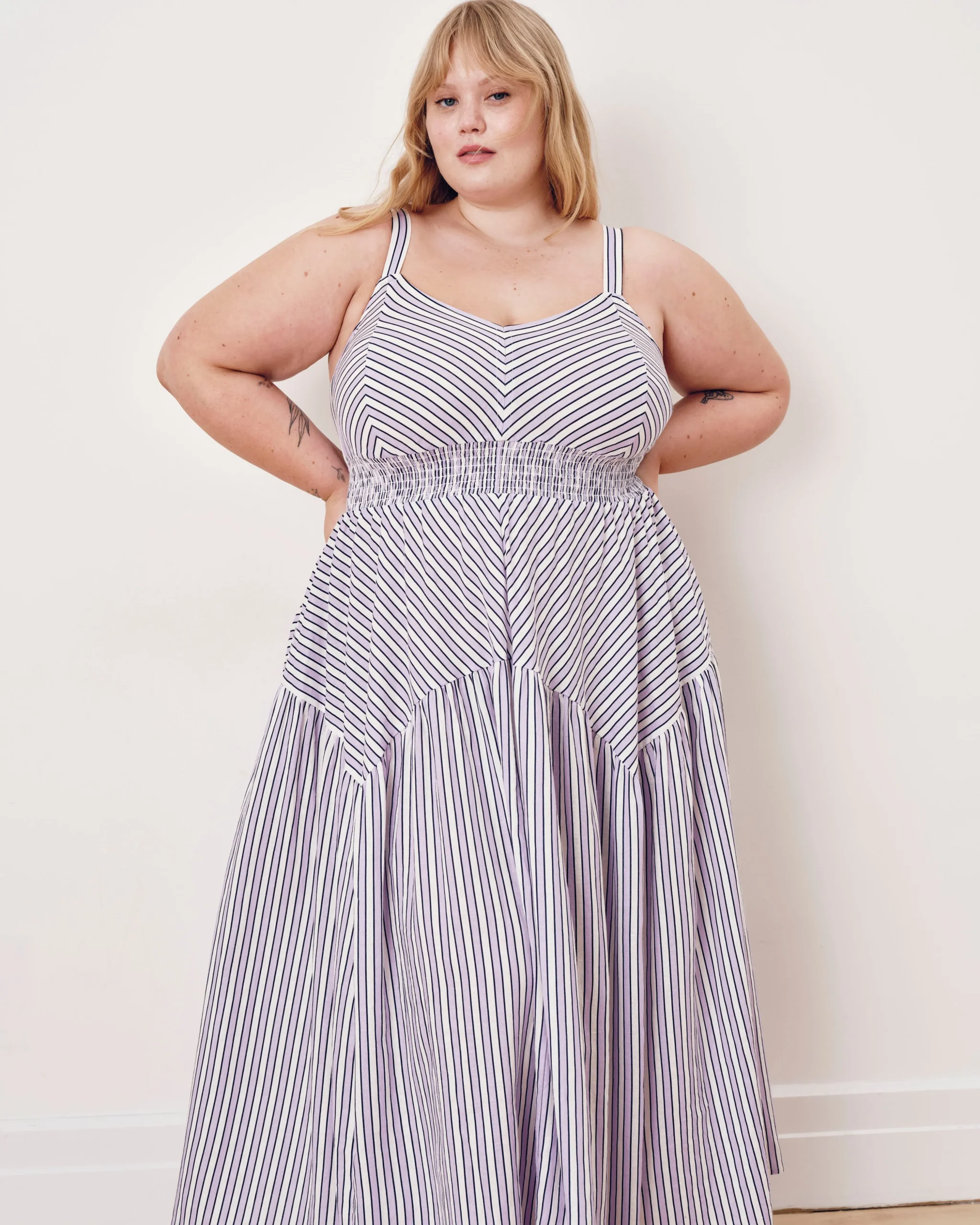 Ruby Smocked Linen Blend Sundress Lilac Stripe Print