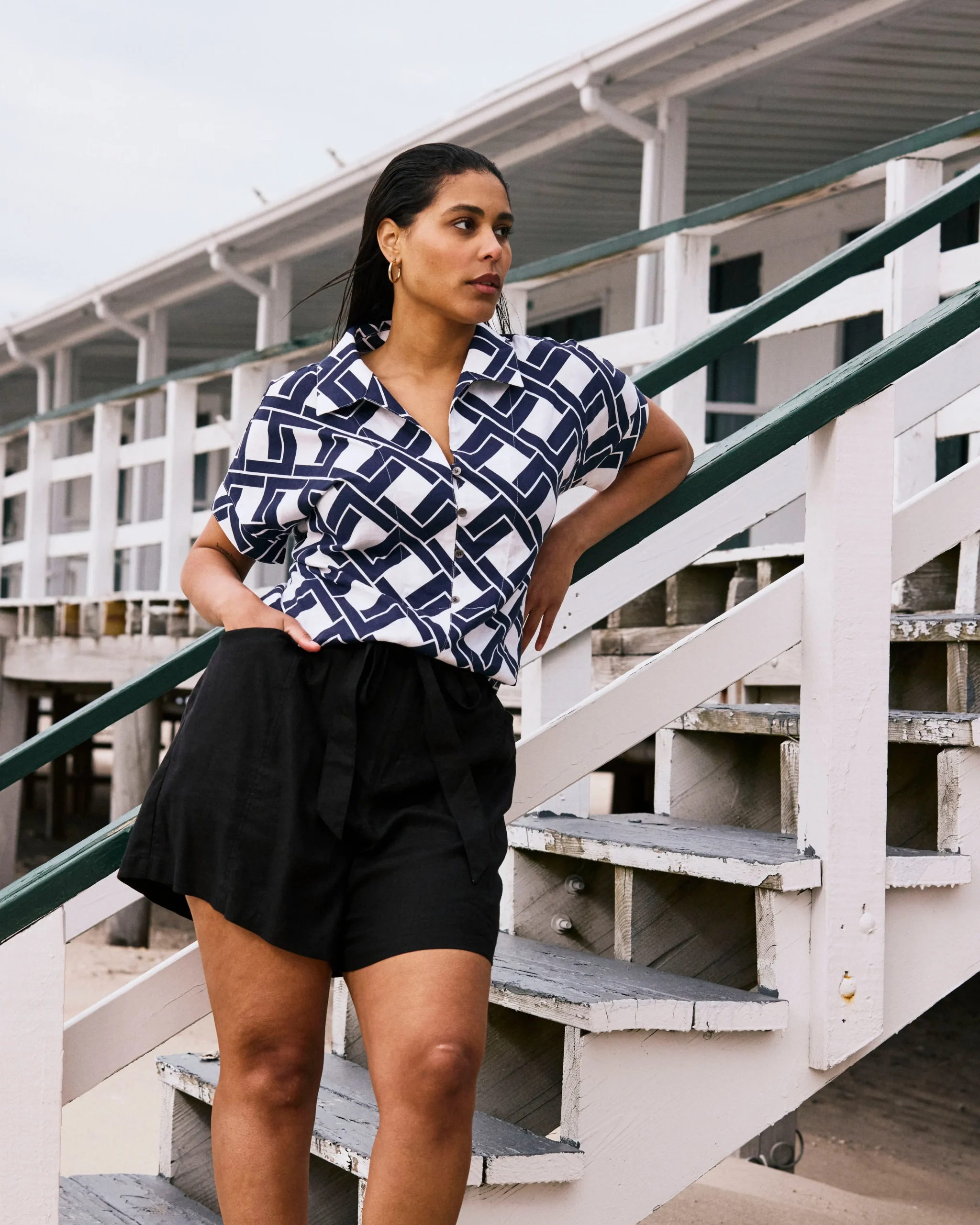 Sandy Short Sleeve Stretch Linen Blend Shirt Geometrica Print