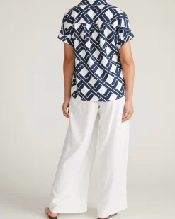 Sandy Short Sleeve Stretch Linen Blend Shirt Geometrica Print