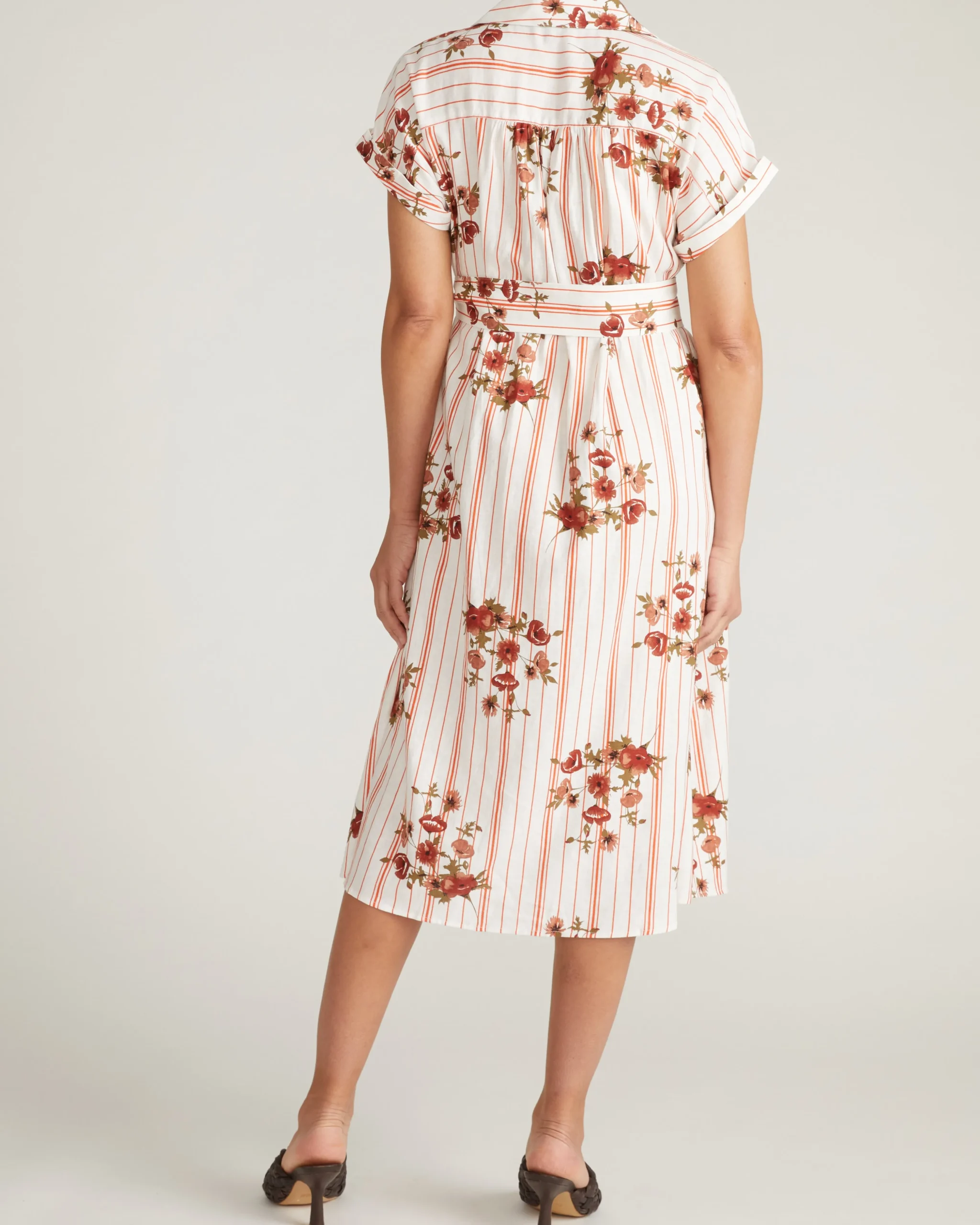 Sandy Stretch Linen Blend Shirtdress Wild Flower Bouquet Print on Stripes