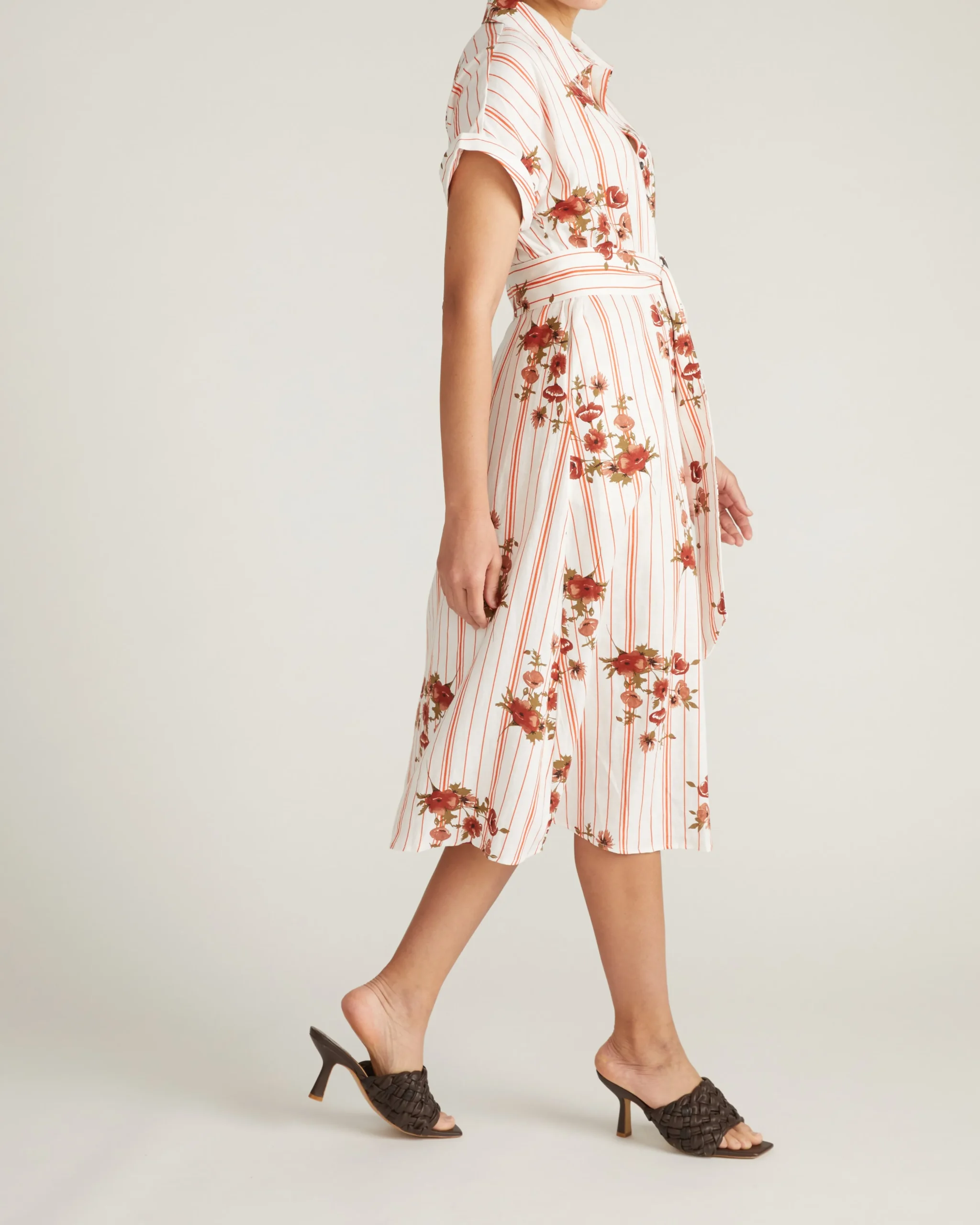 Sandy Stretch Linen Blend Shirtdress Wild Flower Bouquet Print on Stripes