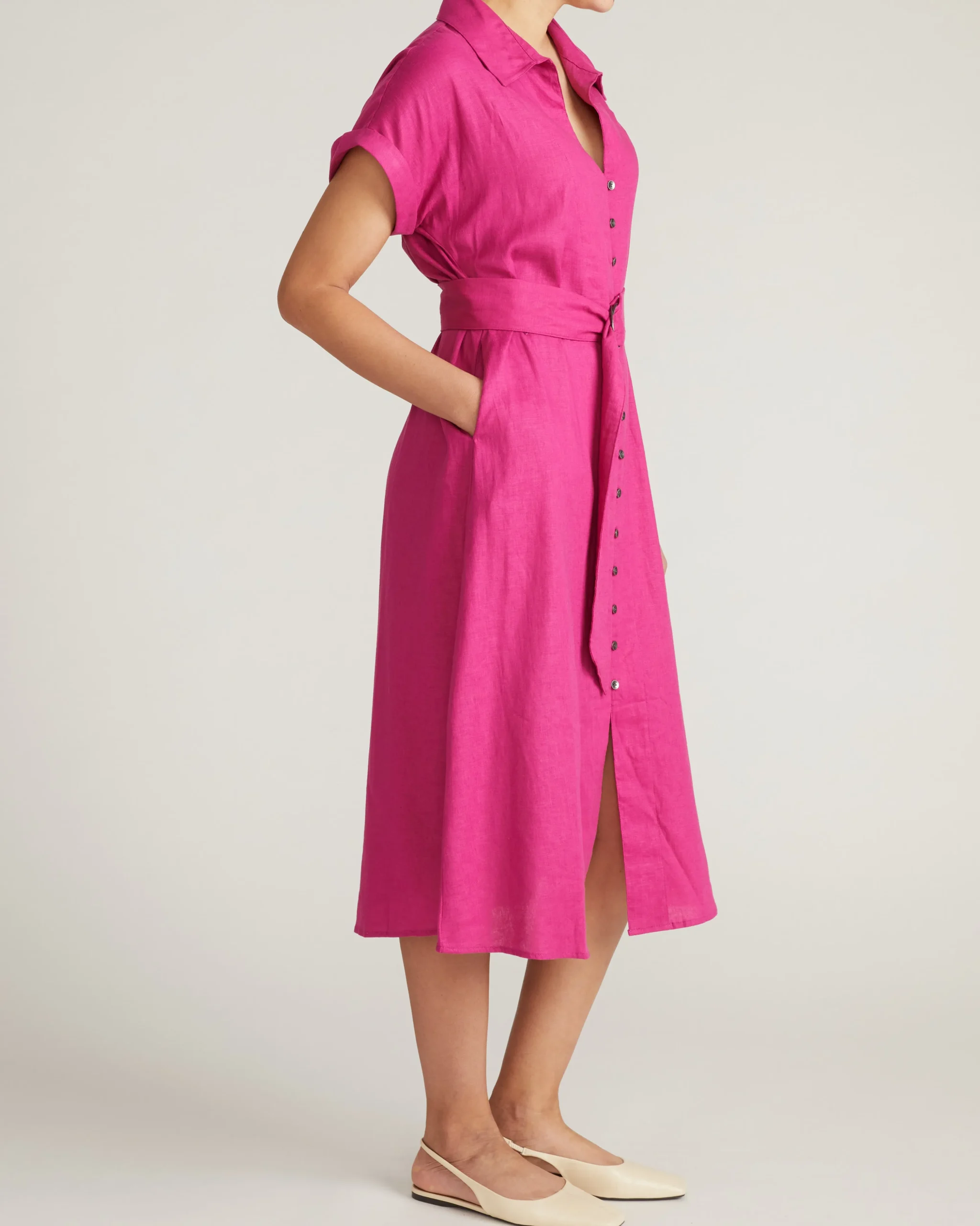 Sandy Stretch Linen Blend Shirtdress Hyper Pink